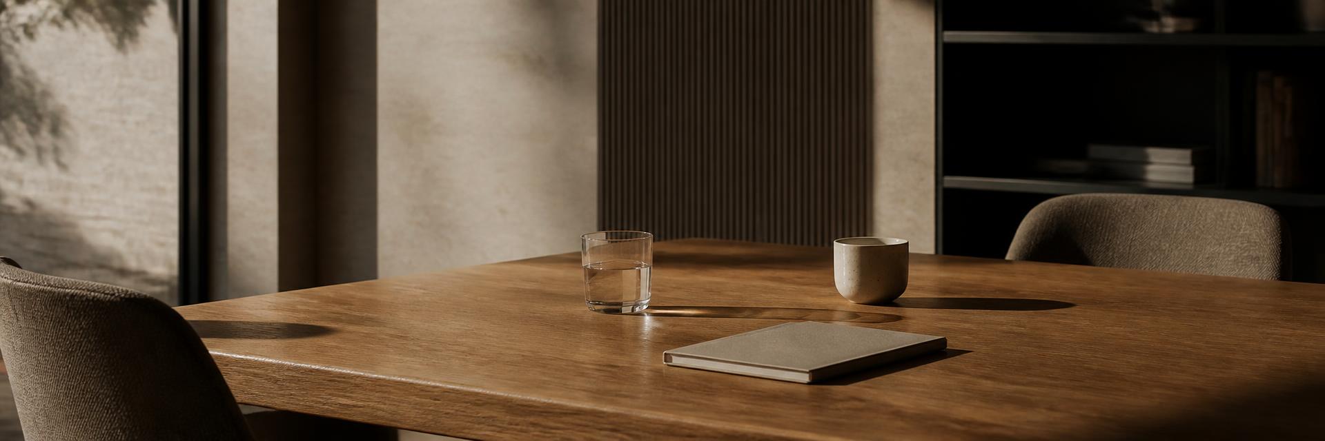 A quiet meeting table in a modern commercial office, set for a Commercial Assessment